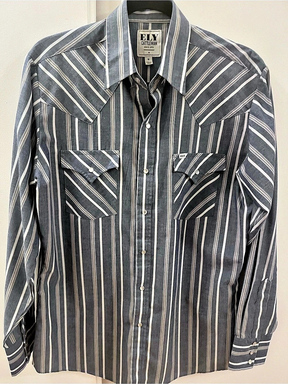 ELY CATTLEMEN Men's Gray Striped Western Shirt - Size Medium - Picture 1 of 5